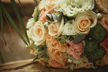 beautiful wedding bouquet of roses in garden