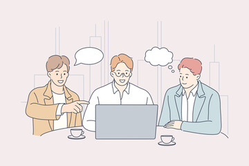 Teamwork, coworking, business, analysis, meeting concept. Team businessmen cartoon characters clerks managers coworkers negotiating working in office. Collective discussion planning and brainstorming.