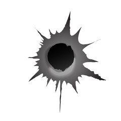 Bullet hole on white background. Realisic metal bullet hole, damage effect. Vector illustration.
