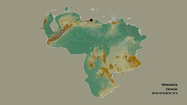 Monagas, state of Venezuela, with its capital, localized, outlined and zoomed with informative overlays on a relief map in the Stereographic projection. Animation 3D