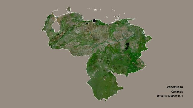 Monagas, state of Venezuela, with its capital, localized, outlined and zoomed with informative overlays on a satellite map in the Stereographic projection. Animation 3D
