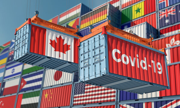 Container with Coronavirus Covid-19 text on the side and container with Canada Flag. Concept of international trade spreading the Corona virus. 3D Rendering © Marius Faust