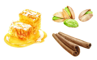 Cinnamon sticks honeycomb and pistachio nuts watercolor illustration isolated on white background