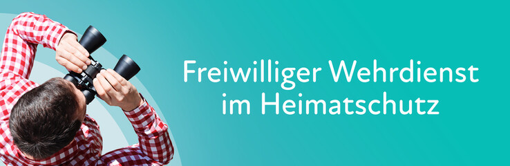 Naklejka premium Freiwilliger Wehrdienst im Heimatschutz. Mann mit Fernglas aus Vogelperspektive. Beobachtung, Draufsicht, Panorama. Business Text auf blau. Statistik, Wirtschaft