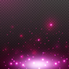 Pink glitter texture and white glowing lights effect. Vector sparks isolated on purple magic transparent background for greeting card design