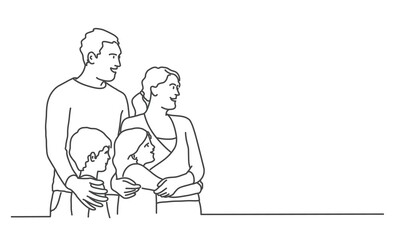 Happy family looking into distance. Father, mother, son, daughter. Line drawing vector illustration.