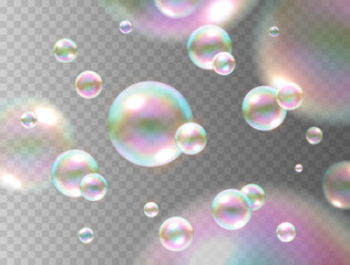 Soap bubble with rainbow colors isolated on transparent background. Realistic vector water foam elements. Colorful iridescent balls or spheres template