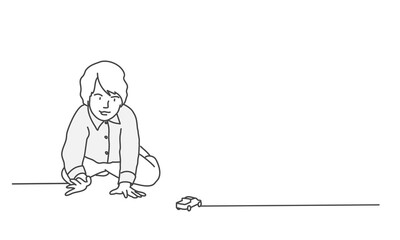 Little boy playing on the floor. Line drawing vector illustration.