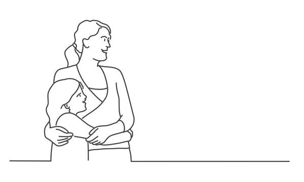 Mother and young daughter looking into distance. Line drawing vector illustration.
