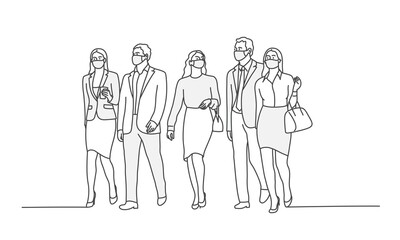Fototapeta na wymiar Business people in protection masks. Line drawing vector illustration.