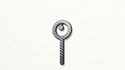 PIN made by 3D illustration of a shiny metallic sculpture on a wall with light background. icon and map