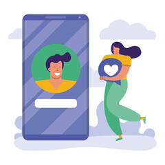 young woman using smartphone with speech bubbles social media technology