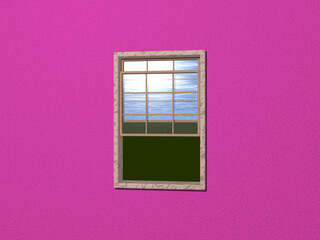 Sash window made of stone and wood on DEEP PINK wall opened to outside grass and blue sky with light reflection. 3D illustration. background and abstract