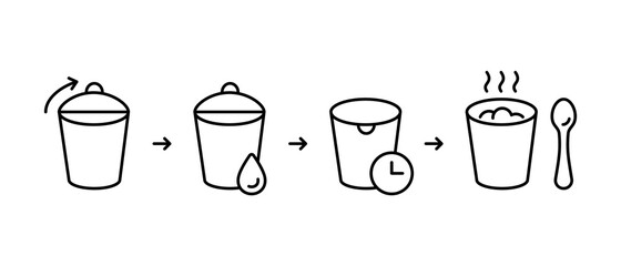 Instant food cup instruction. Steps for brewing noodles in plastic packaging. Cooking soup, porridge, mashed potatoes. Black linear isolated icon. Contour vector illustration