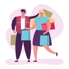 young couple with shopping bags characters