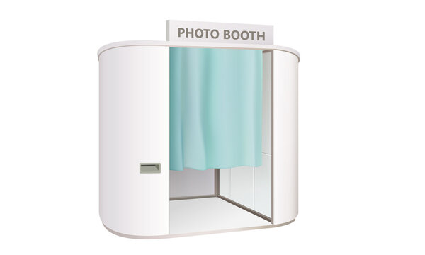 white photo booth with blue curtain isolated 3d vector illustration 