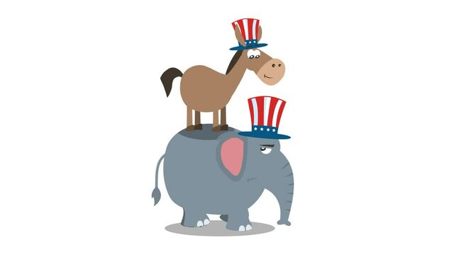 Winner Donkey Democrat On The Back Of The Elephant Republican. 4K Animation Video Motion Graphics Without Background