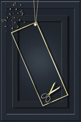 Luxury black frame background with professional hairdressing scissors in gold colour for advertising modern glamour hair salon. 3D illustration. Mock up, banner, card, copy space, opening massage