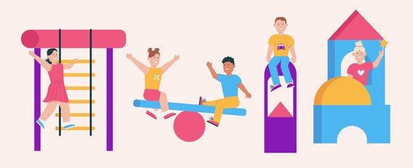 Children playing at playground isolated scenes