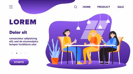 Female friends hanging out in cafe. Women drinking coffee during lunch break, sitting at table and talking. Vector illustration for friendship, eating out, meeting concept