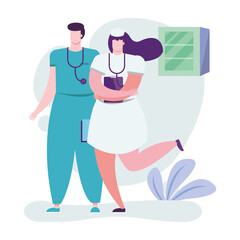 professionals doctors couple with checklist characters