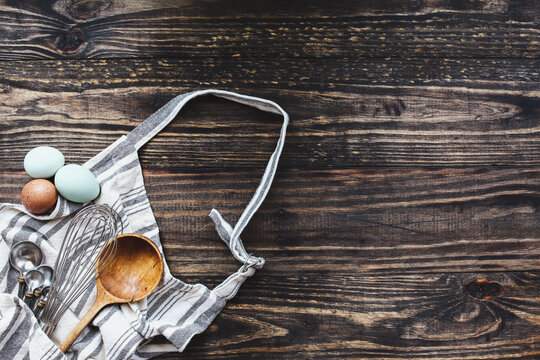 Premium Photo  Various baking tools on rustic wooden kitchen table, top  view