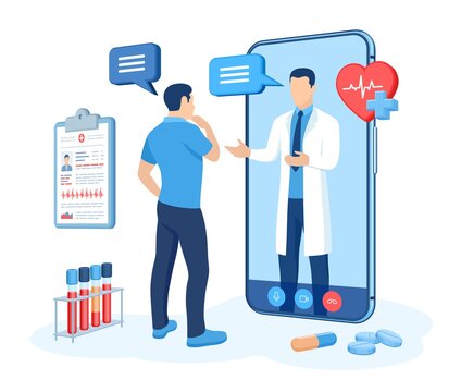 Online medical consultation and support services concept. Doctor videocalling on smartphone screen. Online healthcare and medical advise. Tele medicine e-health service. Flat vector illustration.