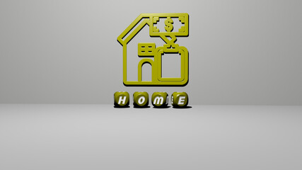 3D representation of home with icon on the wall and text arranged by metallic cubic letters on a mirror floor for concept meaning and slideshow presentation. background and house