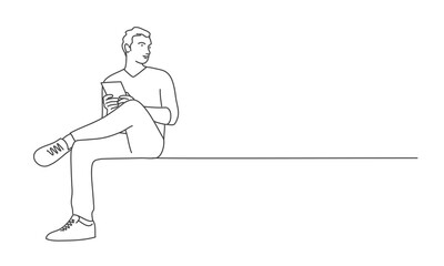 Fototapeta na wymiar Line drawing vector illustration of sitting man with a book.