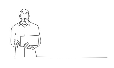 Line drawing vector illustration of man with glasses using laptop.