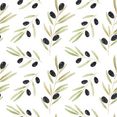 Seamless watercolor pattern with olive on a white background. Use for print, wallpaper, fabric, textile, postcard, wedding, menu, restaurant, cover, gift, packaging, scrapbooking.