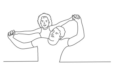 Dad with daughter on his shoulders. Line drawing vector illustration.