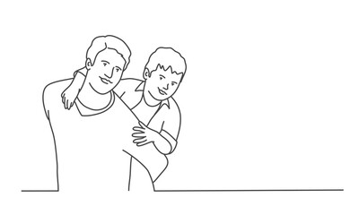 Happy family. Mother and daughter hug. Line drawing vector illustration.