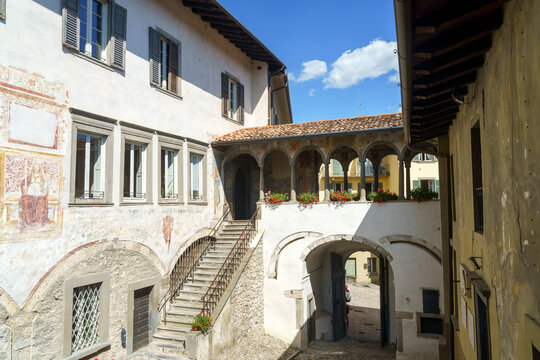 Clusone, Bergamo, Italy: historic  palazzo comunale, court