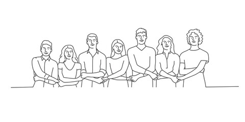 People holding hands together in a line. Line drawing vector illustration.