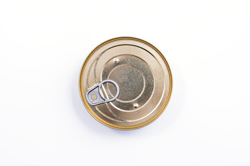 Round metal can top view. Food container isolated on white - for fish, ham, meat, vegetables. Round preserve box.