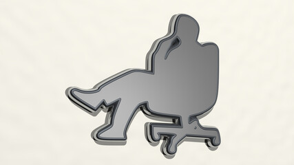 MAN on the wall. 3D illustration of metallic sculpture over a white background with mild texture