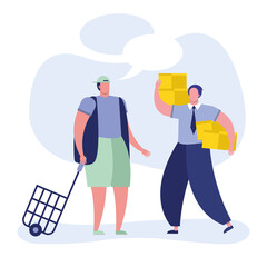 young men with shopping basket and boxes characters