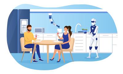 Young attractive couple on a romantic date. The robot assistant works in the kitchen and prepares dinner. Robotic hand works in the kitchen. Futuristic technology. Flat Vector Illustration