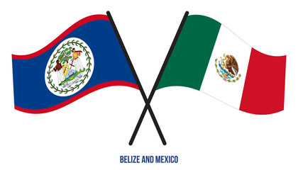 Belize and Mexico Flags Crossed And Waving Flat Style. Official Proportion. Correct Colors.
