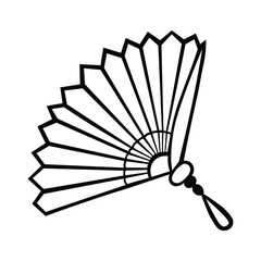 Japanese traditional symbol fan in ink Isolated on white background. Hand drawn vector decorative element in doodle style for decoration, postcard, flyer, banner or website
