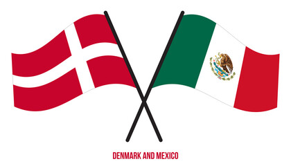 Denmark and Mexico Flags Crossed And Waving Flat Style. Official Proportion. Correct Colors.