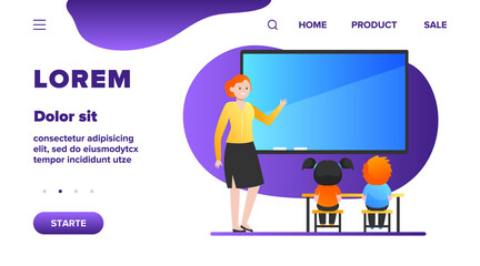 Female teacher explaining lesson for kids. School, children, study flat vector illustration. Education and learning concept for banner, website design or landing web page