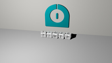 3D illustration of timer graphics and text made by metallic dice letters for the related meanings of the concept and presentations. clock and icon