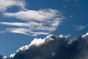 Cumulus dark clouds. Blue sky. Natural background.