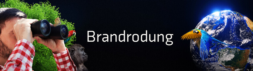 Brandrodung. Mann beobachtet Erde mit Fernglas. Baum und Tiere im Hintergrund. Weißer Text....