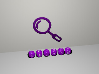 3D illustration of SEARCH graphics and text made by metallic dice letters for the related meanings of the concept and presentations. icon and business