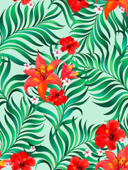 Tropical floral seamless pattern with exotic palm leaves. Trendy summer print with hibiscus  flowers.