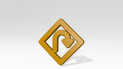 road sign hairpin turn right alternate from a perspective with the shadow. A thick sculpture made of metallic materials of 3D rendering. background and city