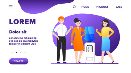 Positive people drinking water at cooler. Office colleagues, chatting, break flat vector illustration. Beverage, refreshment, watercooler concept for banner, website design or landing web page